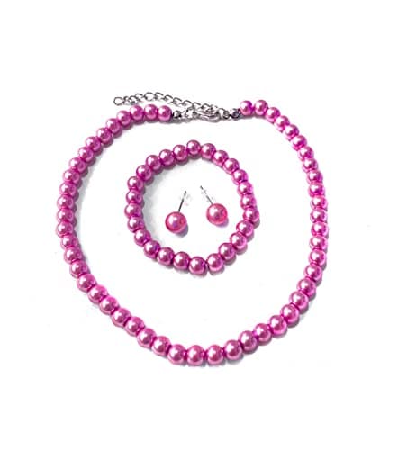 Image of Caprilite Classic Children's Girls Kids Faux Pearl Necklace Bracelet Earrings Jewelry Party Set UK (Fuchsia Pink)