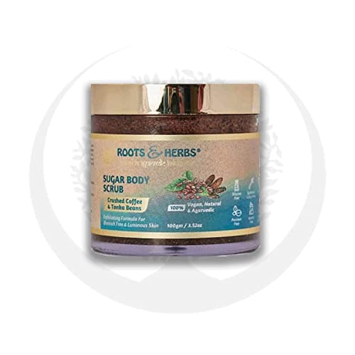 Image of ROOTS AND HERBS Crushed Coffee And Tonka Beans -Exfoliating Body Scrubs For Men Women - Face Scrub,Foot Scrub Dark Spots, Brightening Inner Thighs Bikini Area Underarms, 3.53 Ounce (Pack of 1)