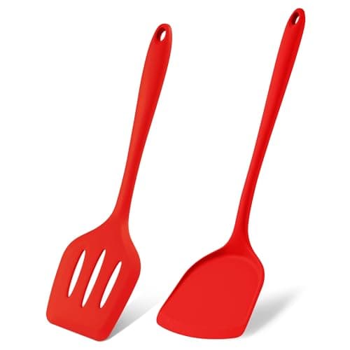 Image of Herogo Silicone Spatula, 2 Pieces Non-Stick Spatula Turner Set for Cooking, Heat Resistant Silicone Slotted Turner Utensils for Cookware Pan, Easy Clean, Dishwasher Safe, Red