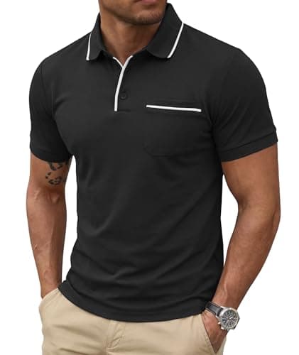 Image of Elainone Men's Polo Shirts Cotton Short Sleeve Golf T-Shirt with Pocket Striped Collar Casual Work Tops Black