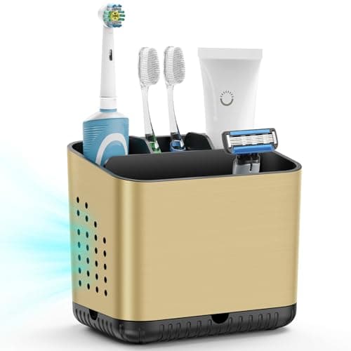 Image of Toothbrush and Toothpaste Holder with Drainage, Black Gold Detachable Tooth Brush Holder for Bathroom Sink, Family Size 4 Slots Electric Toothbrush Holder with Non-slip Design