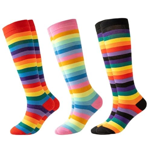 Image of 3 Pairs Rainbow Socks Set, Long Socks Women, Knee High Socks for Women, Striped Sockset for Ladies Girls Comfortable breathable Providing Warmth, Suitable for Fashion Shows Cosplay Daily Wear