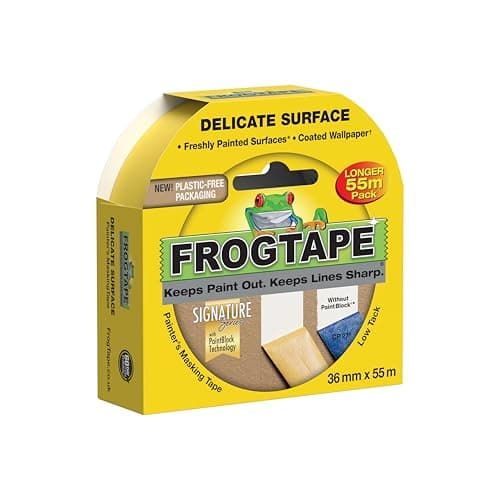 Image of Frog Tape Yellow Delicate Surface Painters Masking Tape 36mm x 55m. Indoor painting and decorating for sharp lines and no paint bleed