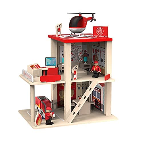 Image of BBtinker - Wooden Fire Station Set, Colorful 3 Tier with Numbers, Truck, Helicopter and Accessories, Educational Toy for Preschool for Toddlers