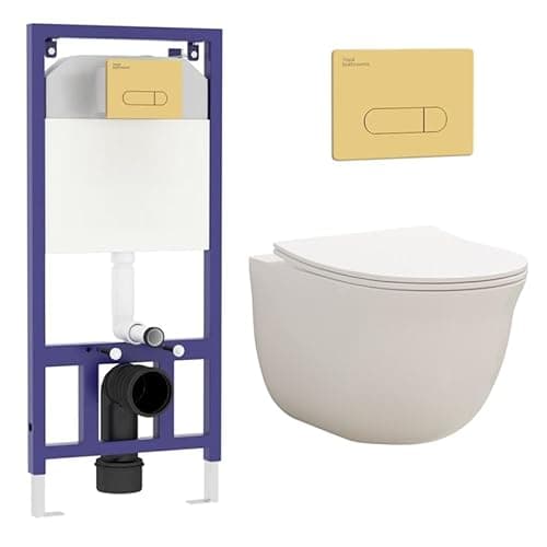 Image of Royal Bathrooms Contemporary Wall Hung Rimless Toilet with Cistern Quick Release Slim Soft Close Seat Round Shape Bathroom & Aqua Brass Plate Wall Hung Frame - Divine
