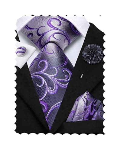 Image of Hi-Tie Grey Lavender Men's Ties Set Silk Floral Ties for Men Formal 4 PCS Necktie Pocket Square Cufflinks Lapel Pin Set