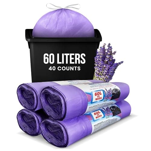 Image of Lavender Scented Bin Bags (40 Counts) 60L Bin Liners Very Strong with Drawstring Trash Bags for Kitchen Office General Waste or Recycling Bags