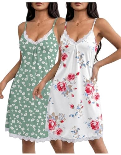 Image of Ekouaer 2 Pack Nighties for Women Lace Nightwear Strap V Neck Nightdresses Chemise Sexy Negligee Sleeveless Nightshirt Floral Green+White 2XL
