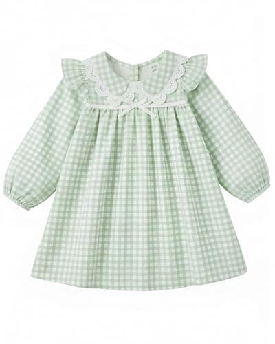Image of FishingDino Baby Girls' Dresses Spring Outfits 6M-3T, Long Sleeve Collar Baby Dress for Spring Summer, Cute Toddler Girls Dress Baby Party Outfits, Green Plaid 18-24 Months