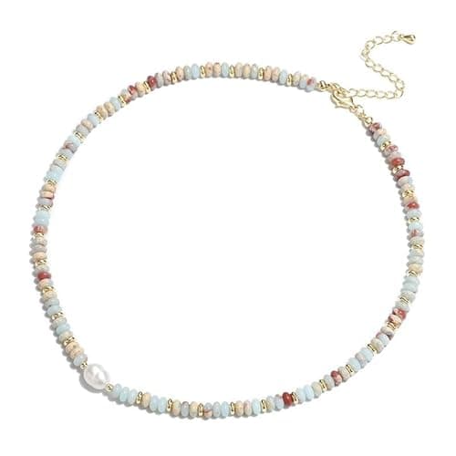 Image of Aleasha Boho Beaded Colorful Choker Necklace Natural Stone Freshwater Pearl Necklace For Women Handmade 14K Gold Plated Summer Jewelry Gift