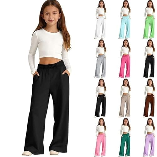 Image of Girls Wide Leg Trousers Girls Baggy Joggers Sweatpants Fleece Athletic Joggers Drawstring Waist and Pockets Kids Baggy High Waist Straight Leg Track Pants School Trousers Black