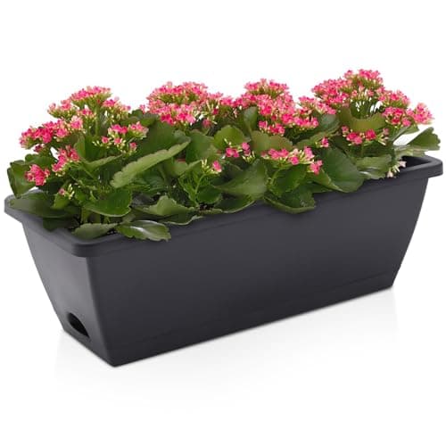 Image of DKIEI 5 Pcs Large Flower Planter Outdoor Plastic Vegetable Plant Pot With Drainage Holes & Tray, Rectangle Trough Planters For Succulent & Herbs, Window Long Pots For Balcony (Grey 49.5*19*15.7Cm)