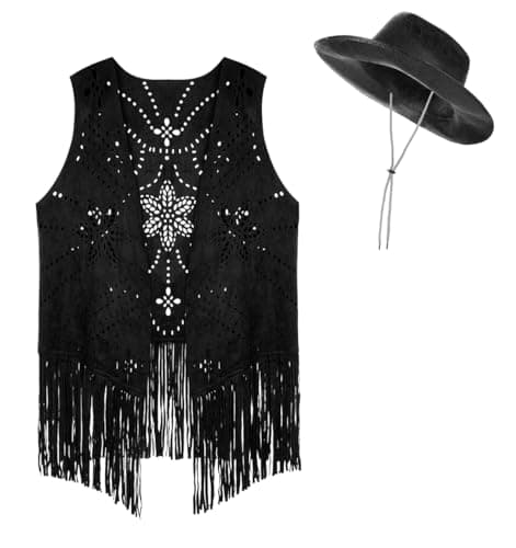 Image of Women Western Cowboy Outfits Retro Cowgirl Hippie Costume Hat Sleeveless Cut-out Pattern Jackets Vest with Tassel Faux Suede Cowboy Hat Fringe Vest Fancy Dress Costume Set Brown, Black