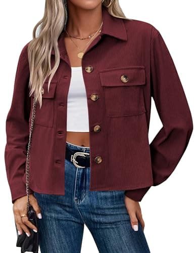 Image of HOTOUCH Women's Autumn Jackets Casual Short Ladies Jacket Long Sleeve Trucker Light Bomber Jacket Button Up Corduroy Jackets Wine Red Size 12