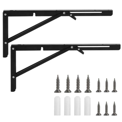 Image of 2 Pcs Folding Shelf Brackets 16 Inches, Heavy Duty Foldable Shelving Brackets, Space Saving Metal Wall Mounted Folding Table Bracket for Bench Table Shelf, Black, with Screws and Wall Plugs