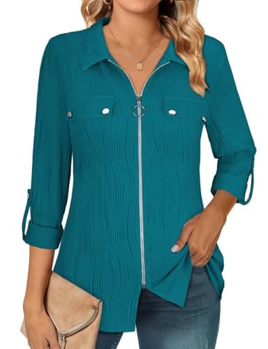 Image of Flikity Womens Tops Dressy Casual Long Sleeve Shirts for Women Zipper Collar Blouses for Women UK Business Professional Work Tops Full Zip Solid Outwear 2025 Outfits Trendy Clothes Peacock Blue L