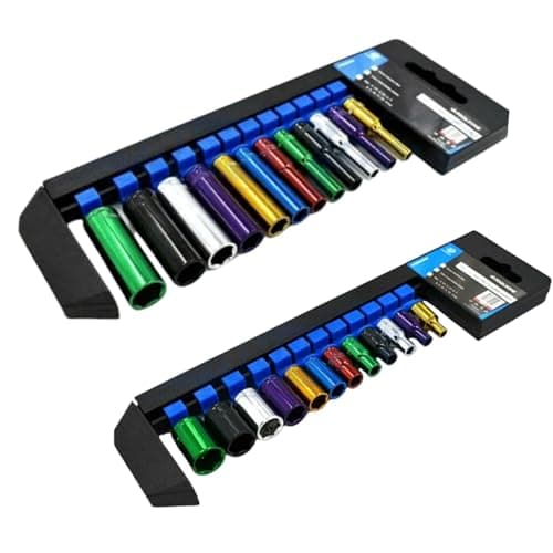 Image of Dunnet Tools Deep and Standard 1/2 Socket Sets 20pc Coloured Deep Socket Set 1/2 Inch Heavy Duty Hex Bit Socket Set On Storage Rail Metric 13-24mm Tool Set Plumbing Electrician Mechanic Tools