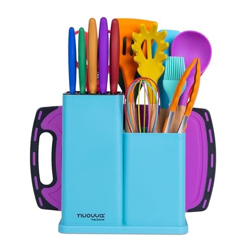Image of Cooking Utensils Set with Chopping Board – Knife Set with Block – Heat Resistant Silicone Utensils with Wooden Handle, Spoons, Ladles & Spatula – Kitchen Tools & Accessories, 17pcs, Colour – by Nuovva