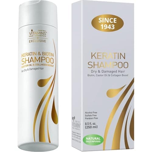 Image of VITAMINS hair cosmetics Keratin Shampoo for Dry Hair - Paraben & Sulfate Free Shampoo for Damaged Hair with Biotin & Collagen - Castor Oil & Protein Repair Treatment - 250 Ml