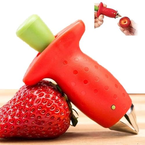 Image of Ajinacious Strawberry Huller, Stem & Leaf Remover, Multi-Function Fruit Corer Tool, Effortlessly Removes Core (Red, Stainless Steel & ABS)