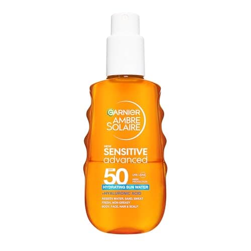 Image of Garnier Ambre Solaire Face and Body SPF 50, Daily UV Hyaluronic Acid Sensitive Advanced Hydrating Sun Water, Protects, Hydrates & Refreshes, Resistance to Water, Sweat & Sand, Face, Body & Hair, 150ml