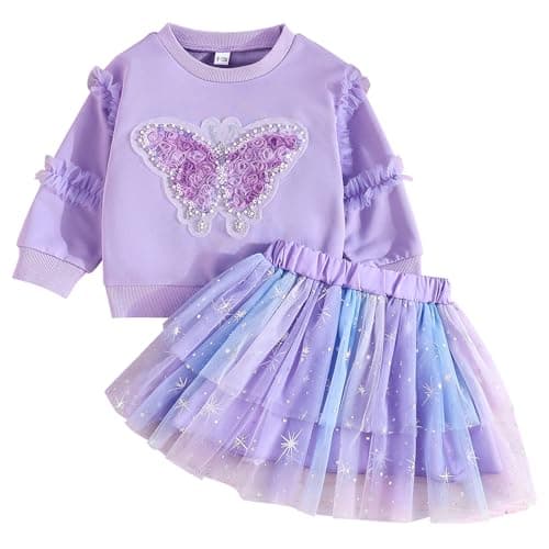 Image of Kunyeah 2Pcs Baby Girls Sweatshirt Tutu Dress Toddler Butterfly Pullover Top with Tulle Skirt Cute Long Sleeve Clothes Outfit