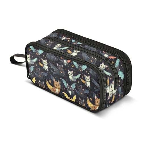 Image of ALAZA Large Pencil Case, Big Capacity Pencil Bag Pen Pouch Holder 3 Compartments,Gothic Skull Cat Bat School Office Supplies Stationery Makeup Bag Storage Organizer for Students Girls Boys Women Men