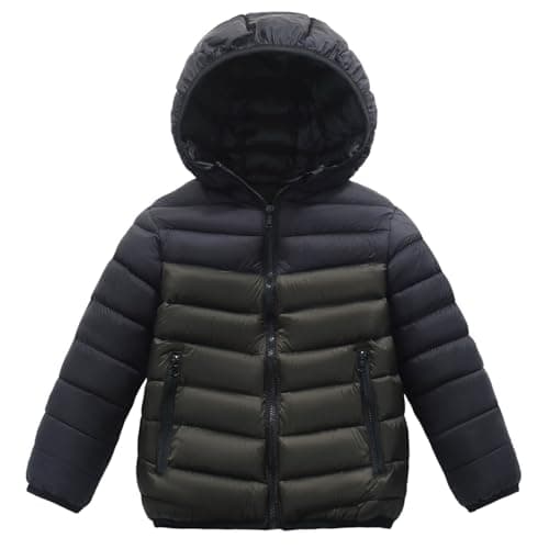 Image of duxyoz Boys Puffer Winter Coat Kids Lightweight Hooded Padded Winter Coats Color Block Thick Warm Snow Outwear Windproof Outdoor Softshell Down Jacket With Pockets Army Green 12-13 Years