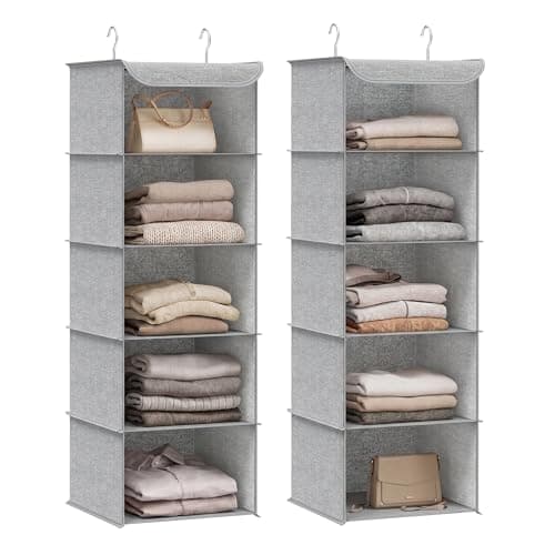 Image of SONGMICS Hanging Wardrobe Storage Organisers, Set of 2, Hanging Storage Shelves, Foldable Wardrobe Clothes Organisers, Space-Saving, Metal Hooks, Bamboo Inserts, Linen Pattern, Light Grey RCH005W02