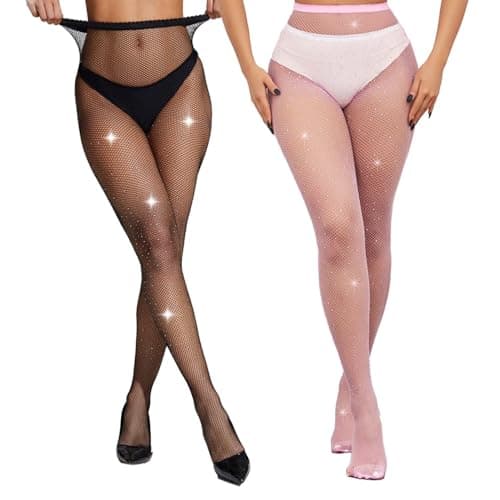 Image of LiiYoang 2 Pieces Sparkly Fishnet Tights Womens With Rhinestone,Shiny Diamante Tights For Parties, Proms, Role Play, Festival Diamond (Black+Pink)