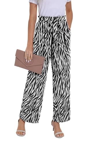 Image of PrinStory Trousers for Women UK Elasticated Waist Lightweight Summer Pants Causal Wide Leg Palazzo Trousers Beach Work (Black White Zebra, M)