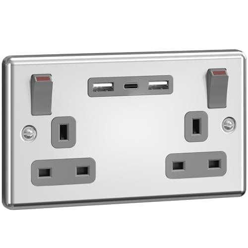 Image of SURAIELEC Chrome Double Plug Socket with USB C, 2 Gang 13A Switched Brushed Steel Wall Socket, 18W USB Fast Charge (2 USB-A + 1 USB-C), Child Safe, Silver Grey, Fits 25mm Back Box