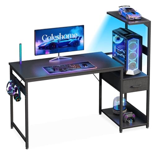 Image of Coleshome 120×48 cm Gaming Desk with LED Lights, Reversible Computer Desk with Drawers & Display Shelves, Gaming Table with Headphone Hook, Carbon Fiber Black