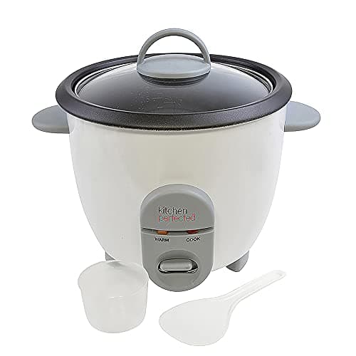 Image of Kitchen Perfected 350W 0.8Ltr Automatic Rice Cooker - Non Stick / Removable Rice Bowl / Warm & Cook Indicators / Toughened Glass Lid / Measuring Cup / Spatula / Recipes Included - White - E3302