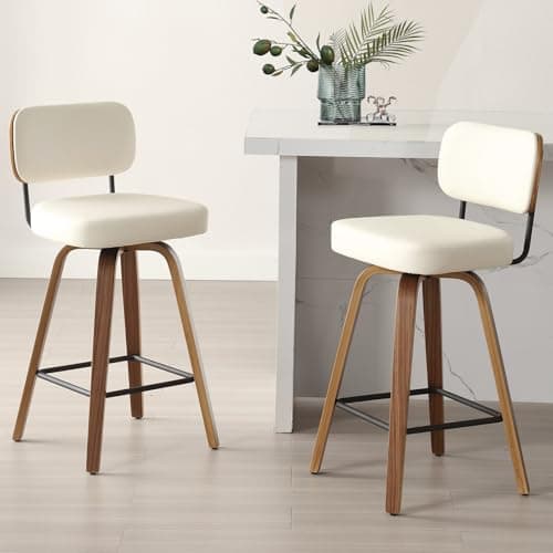 Image of Bekrvio Swivel Counter Height Bar Stools Set of 2, 65CM Upholstered Faux Leather Barstools with Back and Bent Wood Legs, Mid Century Modern Bar Chair Island Stool for Kitchen Counter, Cream White