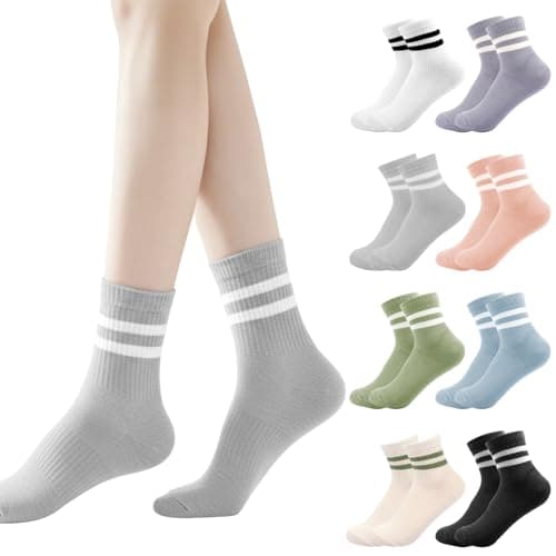 Image of Pinboov 8 Pairs Socks Womens 4-7, Breathable Cotton Crew Socks, Striped Ankle Sports Sock in 8 Colours for Gym, Running, Daily Wear and Casual Activities