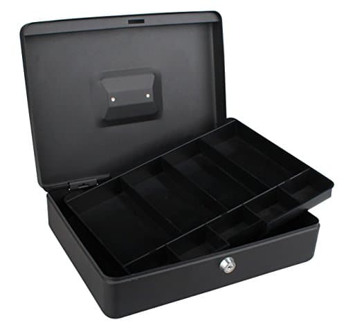 Image of Tech Traders ® 12" Cash Box Black, Steel Petty Cash Box Supplied with 2 Keys and Removable Change Tray- Perfect Secure Storage for Loose Change