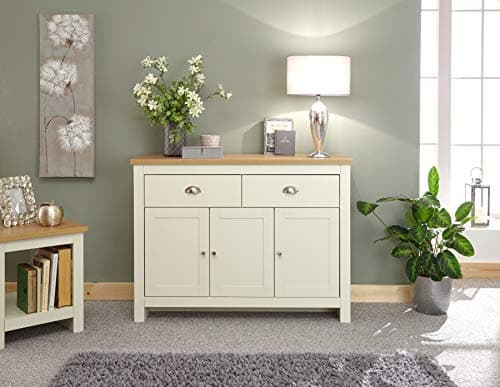 Image of Home Source Large Sideboard Storage Unit with Metal Handles Oak Effect Finish Top, Cream, 2 Drawer 3 Door, LANLSBCRM