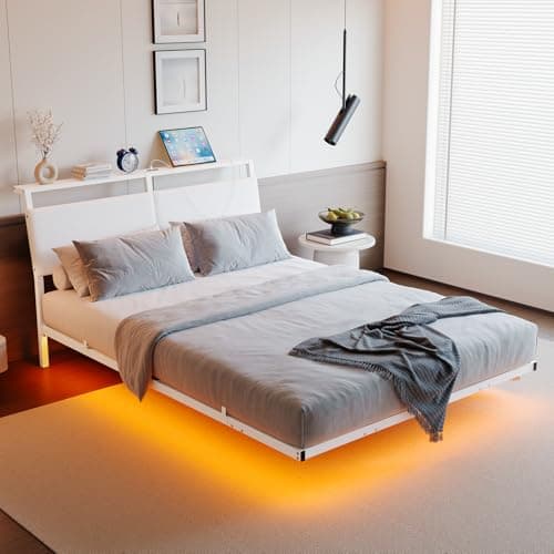 Image of HOJINLINERO 4ft6 Double Bed Frame with Storage,Floating Bed Frame Double with LED Lights,Ergonomic Headboard with USB Charging,Bed Frames Noise-Free Metal Slats,White