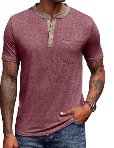 Image of COOFANDY Men's Short Sleeve Henley Shirt Soft Stretch Knit Button Placket T-Shirt Contrast Color Trim Casual Summer Top Dark red XL