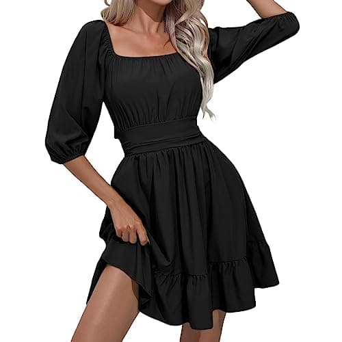 Image of Foweknow Pirate Costume Women's Swing Ruffle Dress with Long Puff Sleeves Skater Dress Plain A-line Knee-Length Cocktail Dress Short Summer Dress Elegant Medieval Clothing Blouse Dress, black, L