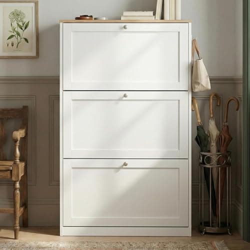 Image of Blisswood Shoe Cabinet, White Shoe Storage Organiser with 3 Flip Drawers, Wooden Slim Freestanding Shoe Rack, Space Saving Cupboard with Adjustable Shelves for Entryway, Living Room, Hallway Furniture