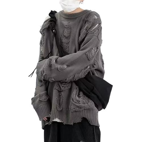 Image of Men's Ripped Pullover Oversized Sweater Distressed Knit Jumpers Tops Grey