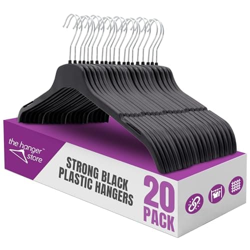 Image of The Hanger Store 20 Strong Black Plastic Adults Coat Clothes Hangers - Sturdy, Space-Saving, Slim Profile with 360-Degree Swivel Hook - Ideal for Organizing Tops, Shirts, Coats, Jackets