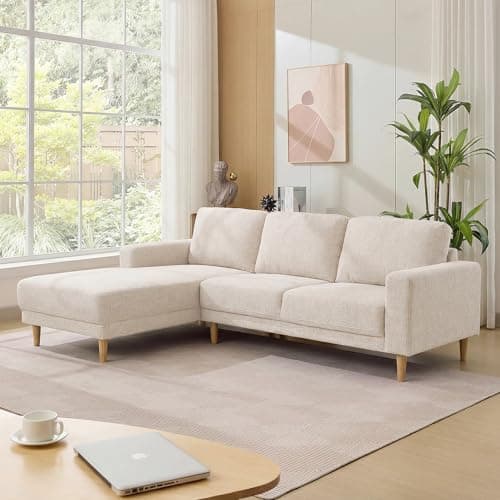Image of Kingfun L Shaped Corner Sofa, 229cm L Shape Chenille Couch with Solid Wood Legs, Soft Upholstered 3-Seater Corner Modern Sofa with Spring Cushion, Apartment Furniture for Livingroom & Bedroom, Beige