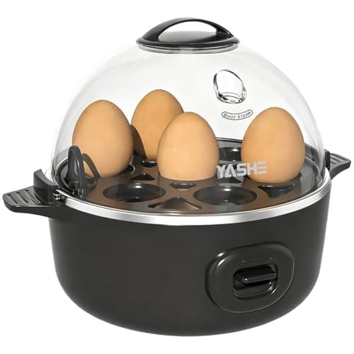 Image of YASHE Rapid Egg Cooker, 7 Egg Capacity Electric Egg Boiler for Hard, Medium, Soft Boiled Eggs, Poacher, Poached Omelet Maker Egg with BPA Free Tray & Egg Bowl, Auto Shut Off, Musical Buzzer, Black