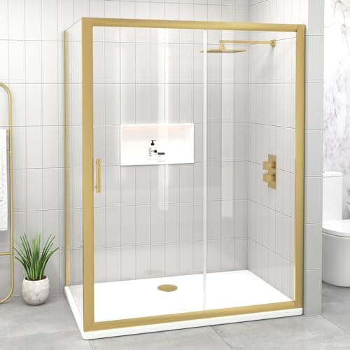 Image of 1200 x 800mm Brushed Brass Sliding Door Shower Enclosure with Side Panel Reversible 6mm Easy Clean Safety Tempered Glass Shower Cubicle Screen