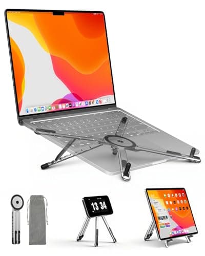 Image of Viozon Portable Laptop Stand for Desk, 3-in-1 Laptop Riser & Tablet Stand & Magnetic Phone Holder, Fits 10–16” Laptop & 4–13” Phone/Tablet, 8 Height Levels, Aluminium Laptop Holder, Storage Pouch