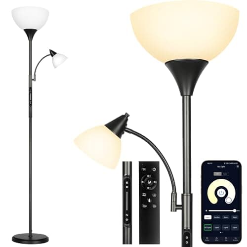 Image of OUTON LED Dimmable Floor Lamp with Touch Control & Remote & App Control, Uplighter Mother and Child Floor Lamp with Reading Lamp, 1 Hour Timer, Tall Standing Lamp for Living Room, Bedroom, Office