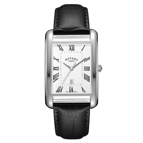 Image of Rotary Men's Heritage Astoria Rectangular Stainless Steel Case Black Leather Strap Watch
